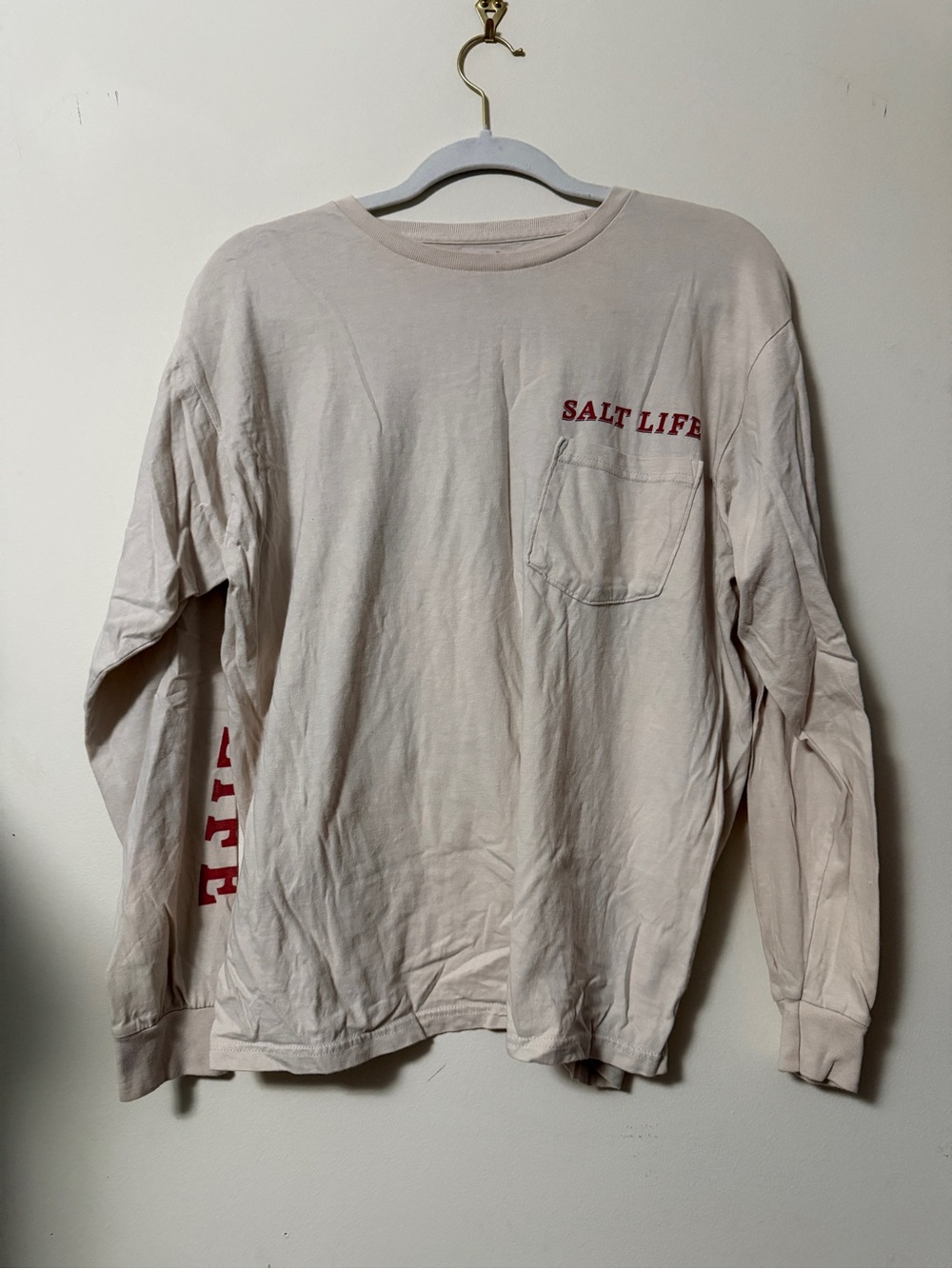Salt Life Long Sleeve Pocket Tee - Beige with Red Logo